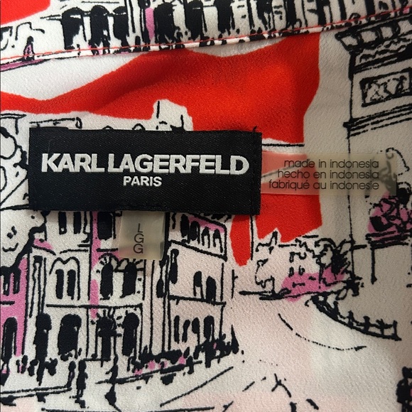 Karl Lagerfeld Women's Printed Bungee-Sleeve Short Shirt size L  button Up - Picture 14 of 14